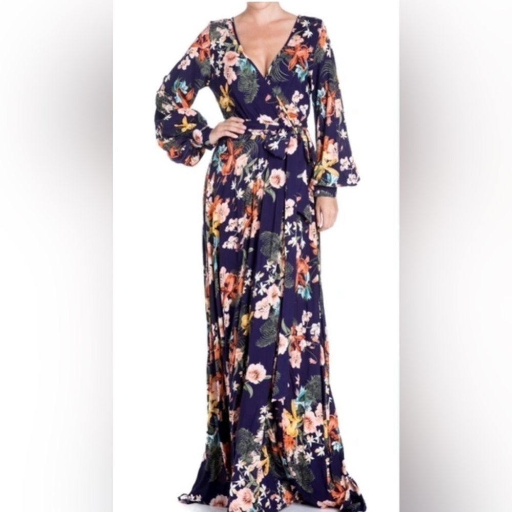 Meghan LA Iris Navy Lilypad Bell Sleeve Belted Maxi Dress w/ Front Slit - $399